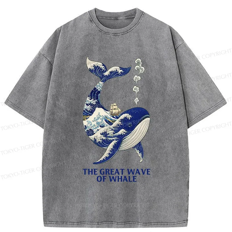 Tokyo-Tiger Ukiyoe Wave Whale Washed T-Shirt