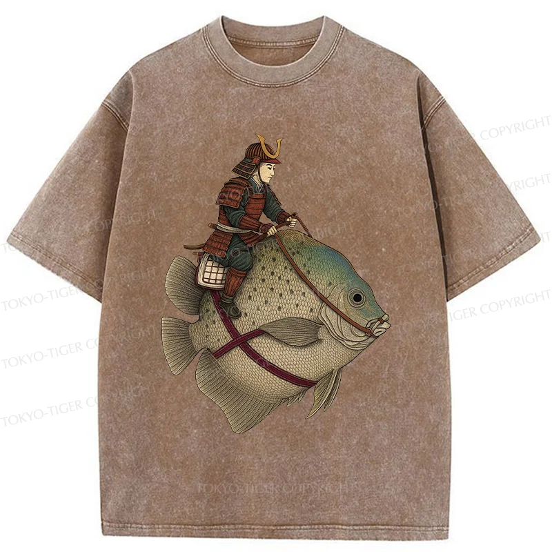 Tokyo-Tiger Samurai Riding A Fish Washed T-Shirt