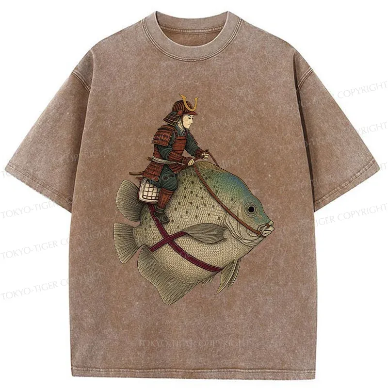 Tokyo-Tiger Samurai Riding A Fish Washed T-Shirt