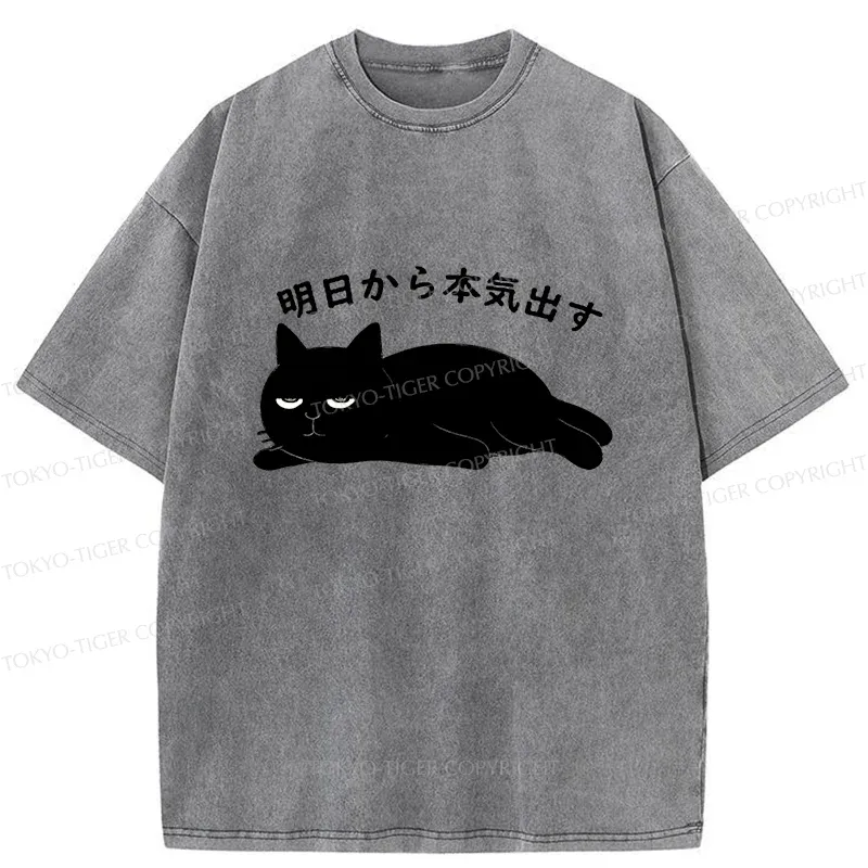Tokyo-Tiger Lazy Cat Kanji Washed T-Shirt