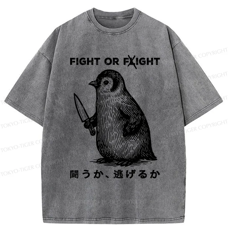 Tokyo-Tiger Funny Fight Or Flight Washed T-Shirt