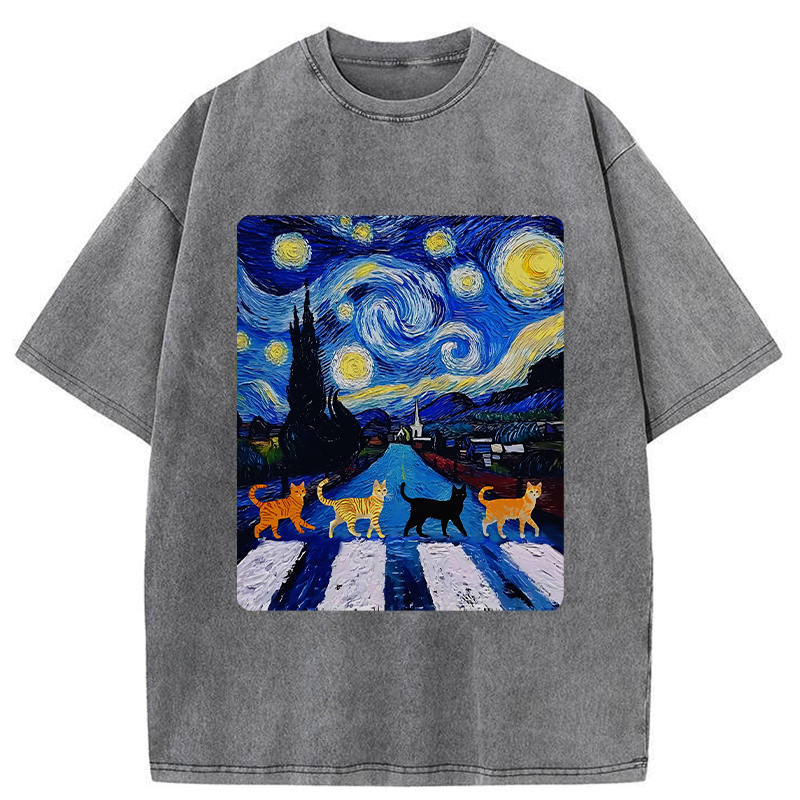 Tokyo-Tiger Starry Night Cat Washed T-Shirt