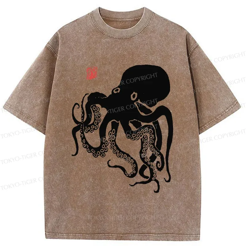 Tokyo-Tiger Retro Japanese Octopu Washed T-Shirt