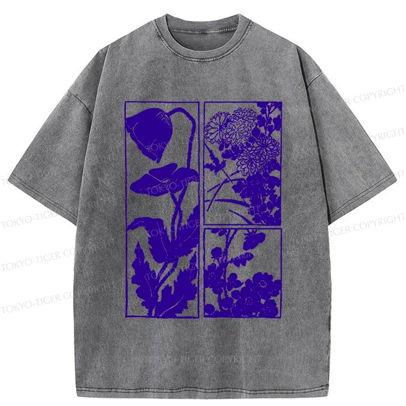 Tokyo-Tiger Woodcut Flowers Washed T-Shirt