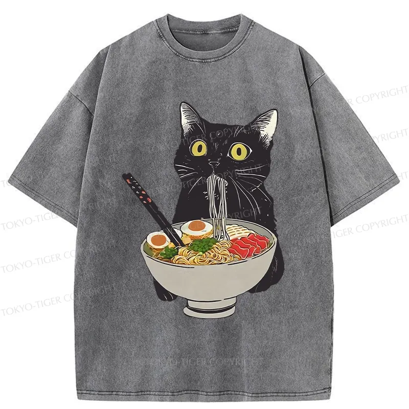Tokyo-Tiger Cat Eating Hearty Ramen Washed T-Shirt