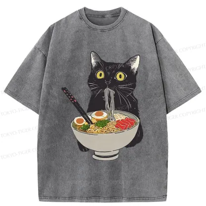 Tokyo-Tiger Cat Eating Hearty Ramen Washed T-Shirt