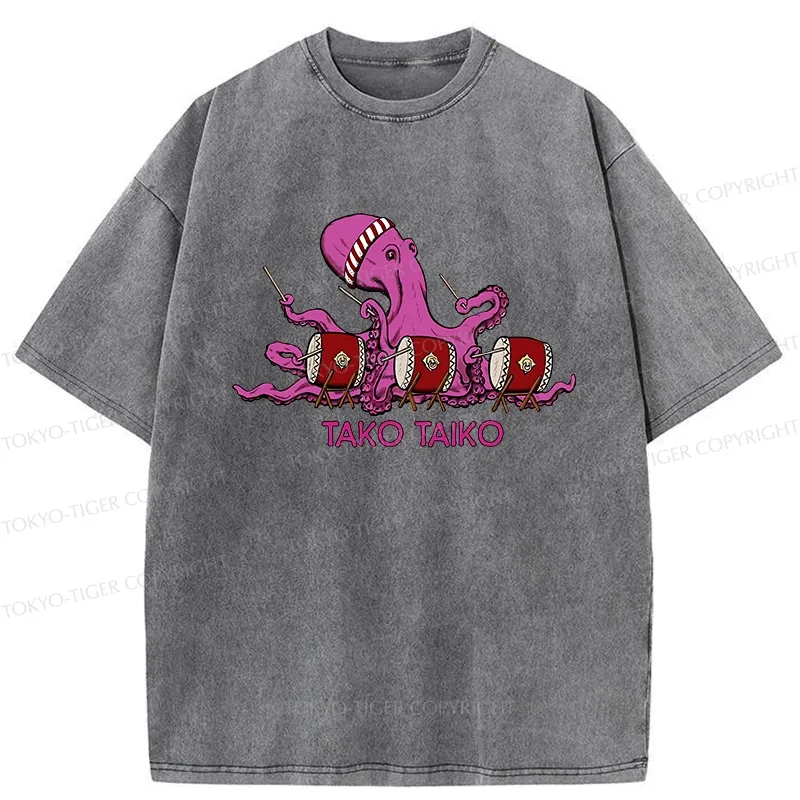 Tokyo-Tiger Funny Octopus Playing Taiko Washed T-Shirt