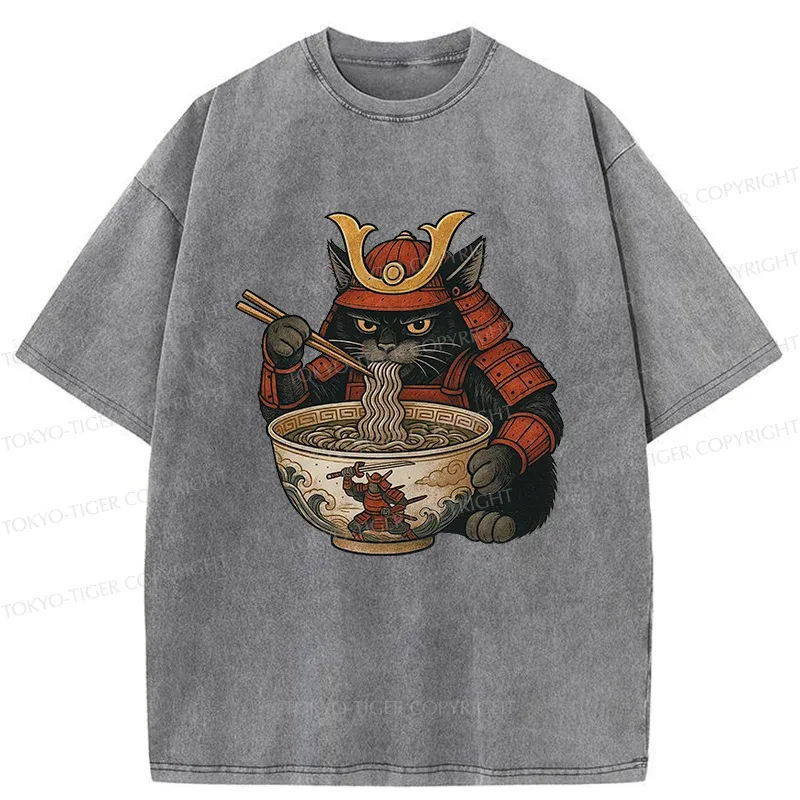 Tokyo-Tiger Cat General Eats Ramen Washed T-Shirt