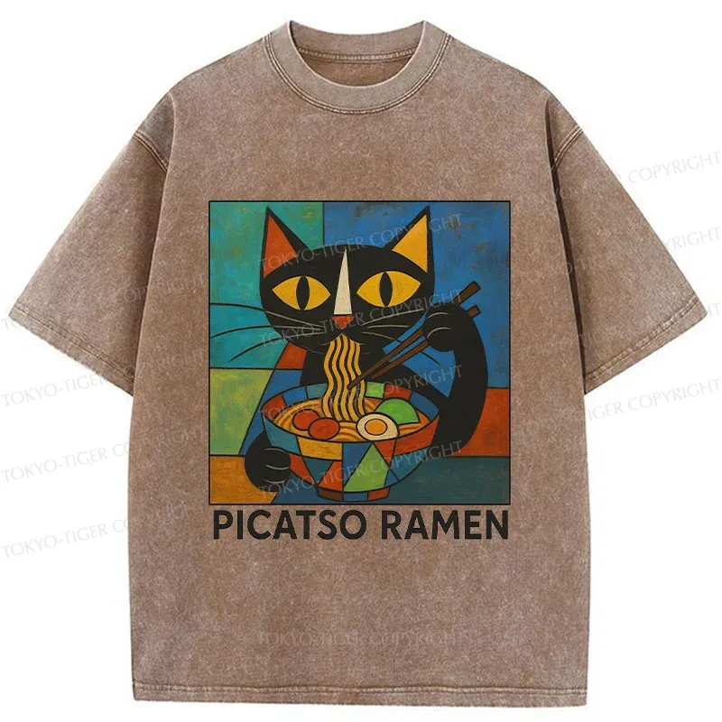 Tokyo-Tiger Abstract Cat Eating Ramen Washed T-Shirt