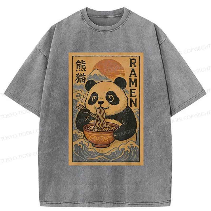Tokyo-Tiger Retro Panda Eating Ramen Washed T-Shirt