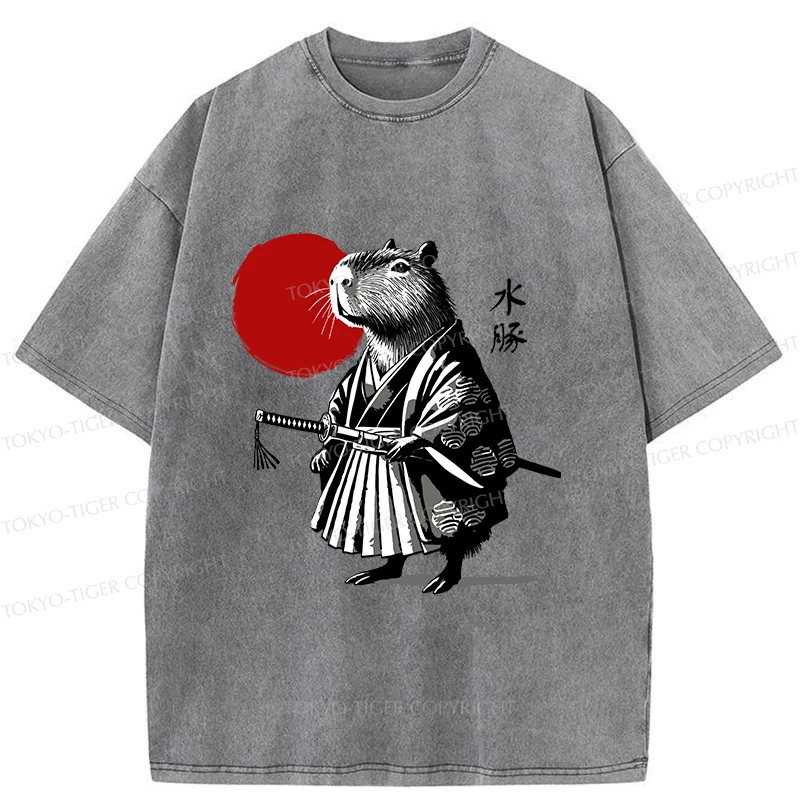 Tokyo-Tiger Retro Capybara Samurai Washed T-Shirt