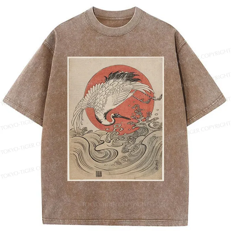 Tokyo-Tiger Vintage Crane and Waves Washed T-Shirt