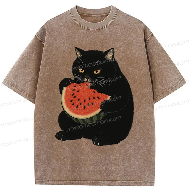 Tokyo-Tiger Black Cat Eating Watermelon Washed T-Shirt