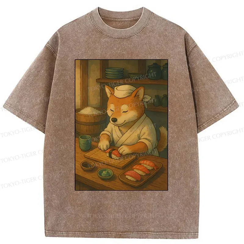 Tokyo-Tiger Dog Sushi Chef Washed T-Shirt