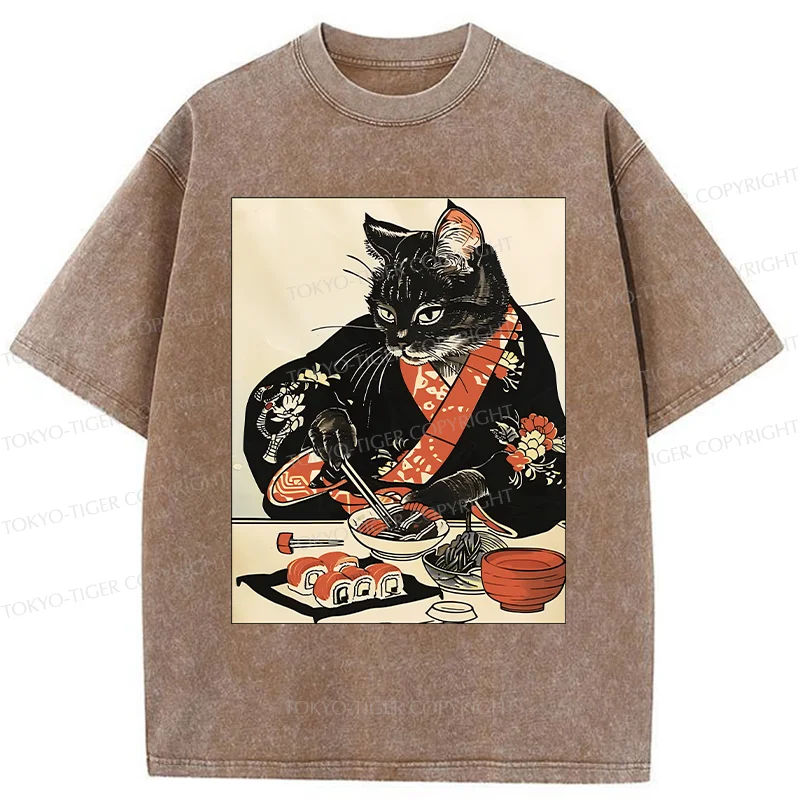 Tokyo-Tiger Cat Cut Sushi Washed T-Shirt