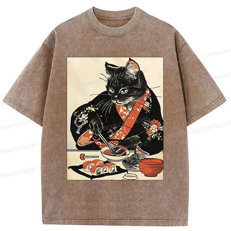 Tokyo-Tiger Cat Cut Sushi Washed T-Shirt