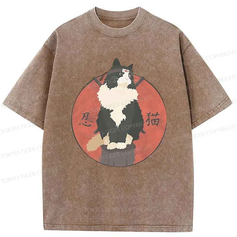 Tokyo-Tiger Cute Ninja Cat Washed T-Shirt