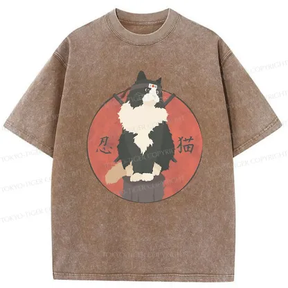 Tokyo-Tiger Cute Ninja Cat Washed T-Shirt