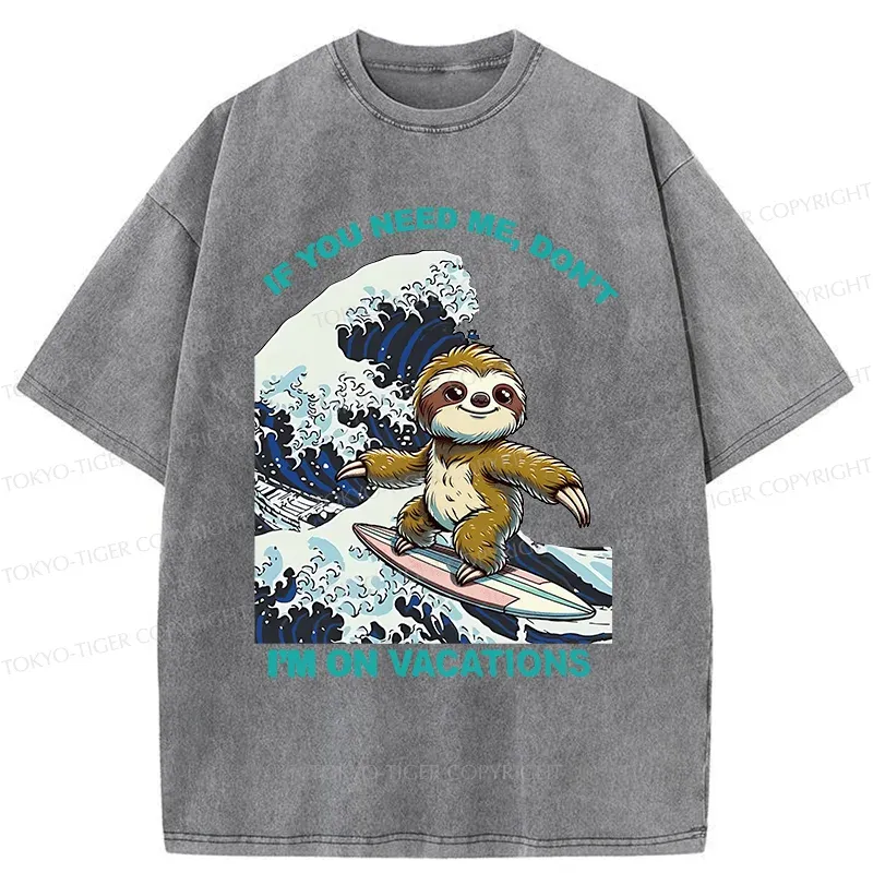 Tokyo-Tiger Surfing Sloth Funny Washed T-Shirt