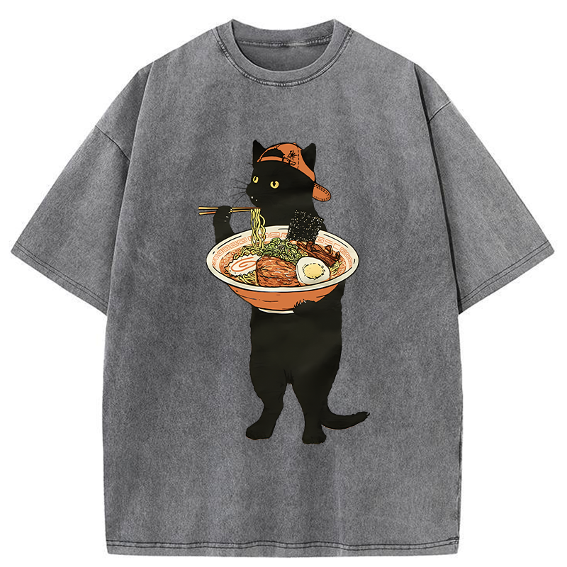 Tokyo-Tiger Ramen Enthusiast Cat Washed T-Shirt