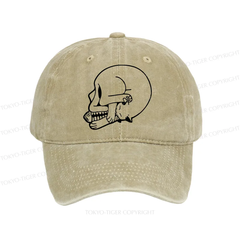 Tokyo-Tiger Funny Cat Eating Fish Washed Cap Sale