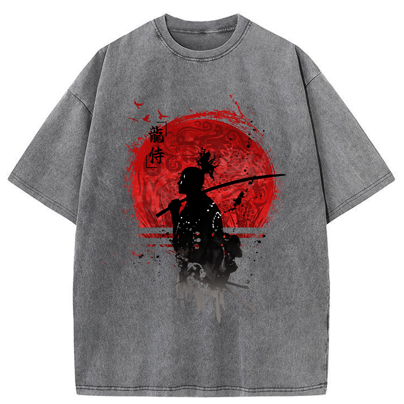 Tokyo-Tiger Japanese Blood Moon Samurai Washed T-Shirt