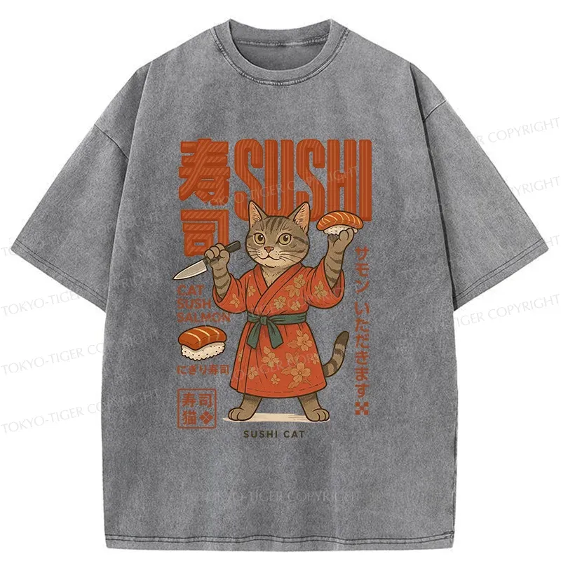 Tokyo-Tiger Sushi Made By Cat Chef Washed T-Shirt