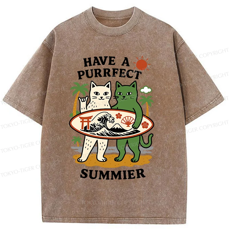 Tokyo-Tiger Beach Surfing Cat Washed T-Shirt