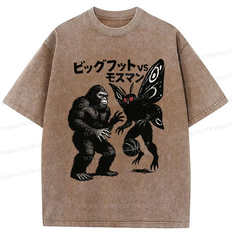 Tokyo-Tiger Battle Between Bigfoot And Mothmen Washed T-Shirt