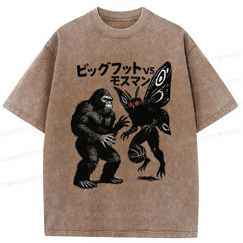 Tokyo-Tiger Battle Between Bigfoot And Mothmen Washed T-Shirt