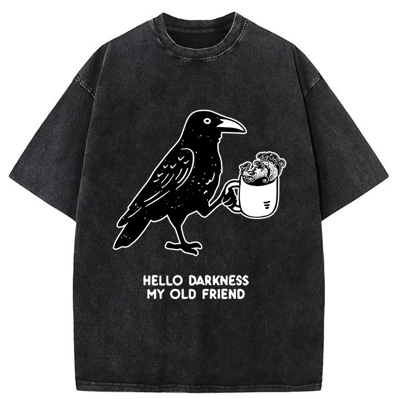Tokyo-Tiger Crow Drinking Black Coffee Funny Washed T-Shirt