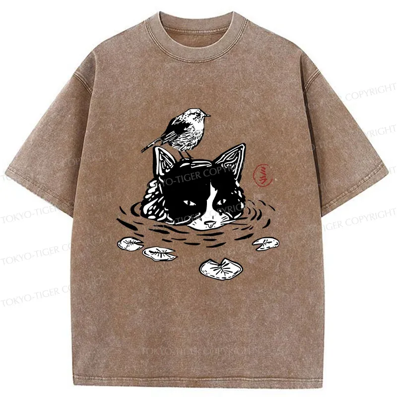 Tokyo-Tiger Cat Taking A Bath Washed T-Shirt