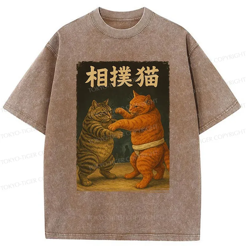 Tokyo-Tiger Sumo Cat Funny Washed T-Shirt
