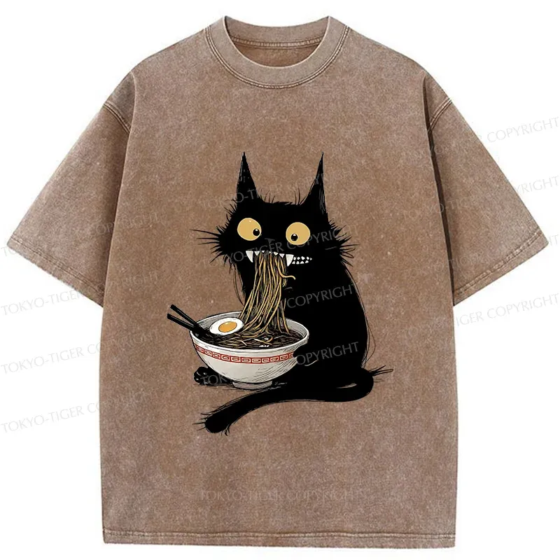 Tokyo-Tiger Naughty Kitten Is Eating Ramen Washed T-Shirt