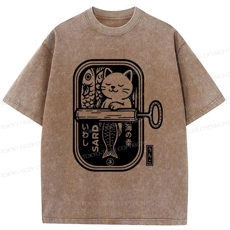 Tokyo-Tiger Cat And Canned Fish Washed T-Shirt