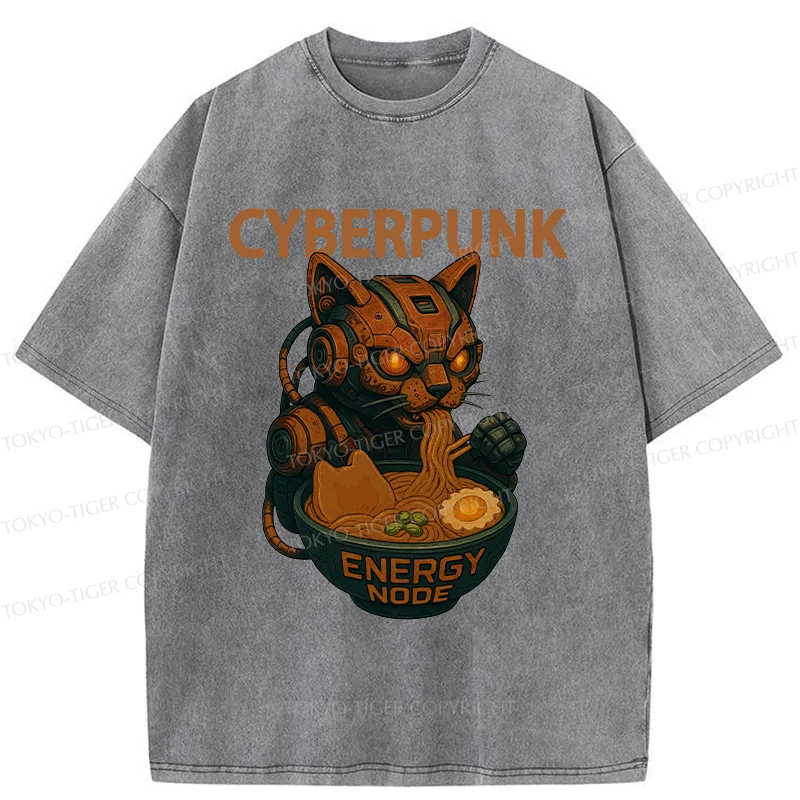 Tokyo-Tiger Retro Machine Cat Eating Ramen Washed T-Shirt