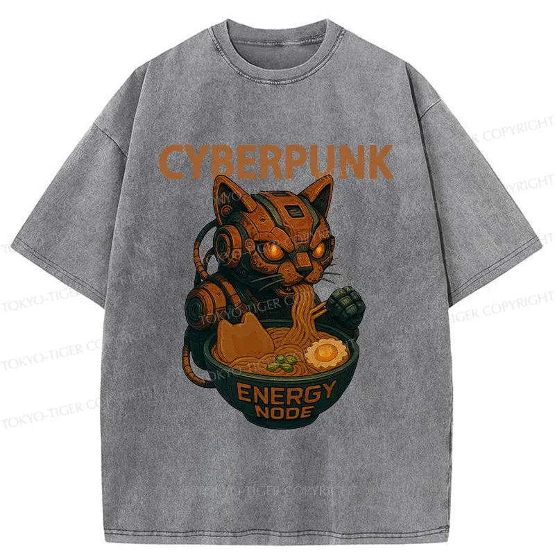 Tokyo-Tiger Retro Machine Cat Eating Ramen Washed T-Shirt