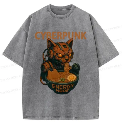 Tokyo-Tiger Retro Machine Cat Eating Ramen Washed T-Shirt