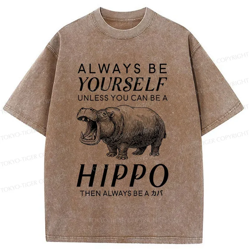 Tokyo-Tiger Funny Hippopotamu Washed T-Shirt