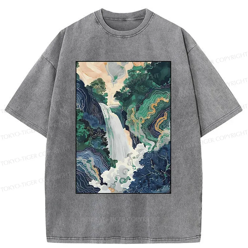 Tokyo-Tiger Japanese Landscape Painting Washed T-Shirt