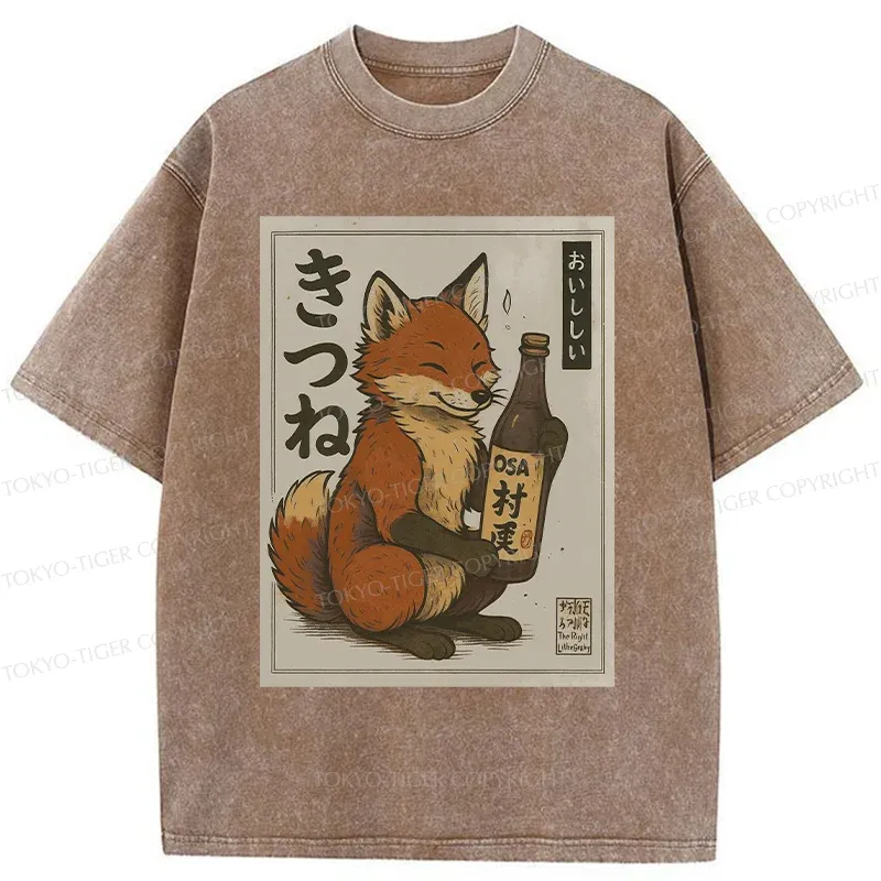 Tokyo-Tiger Fox Holding Sake Washed T-Shirt
