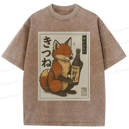 Tokyo-Tiger Fox Holding Sake Washed T-Shirt