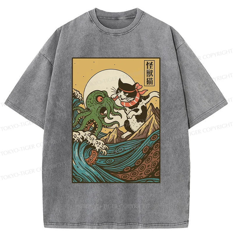 Tokyo-Tiger Cat And Octopus Battle Funny Washed T-Shirt