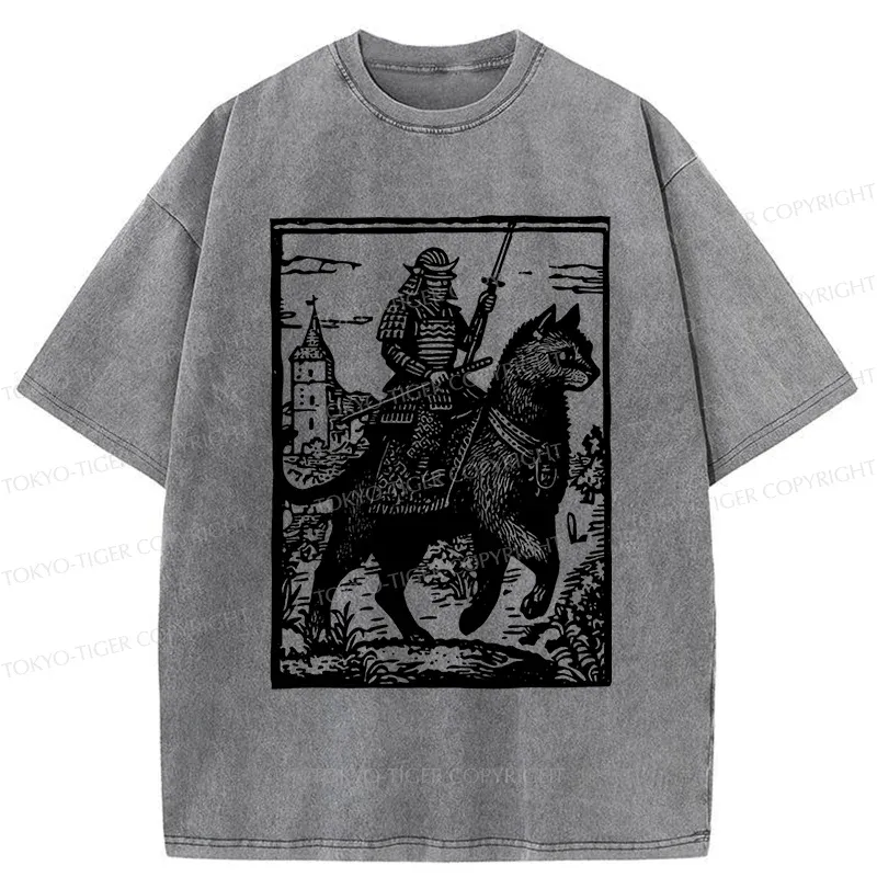 Tokyo-Tiger Samurai Riding A Cat Washed T-Shirt
