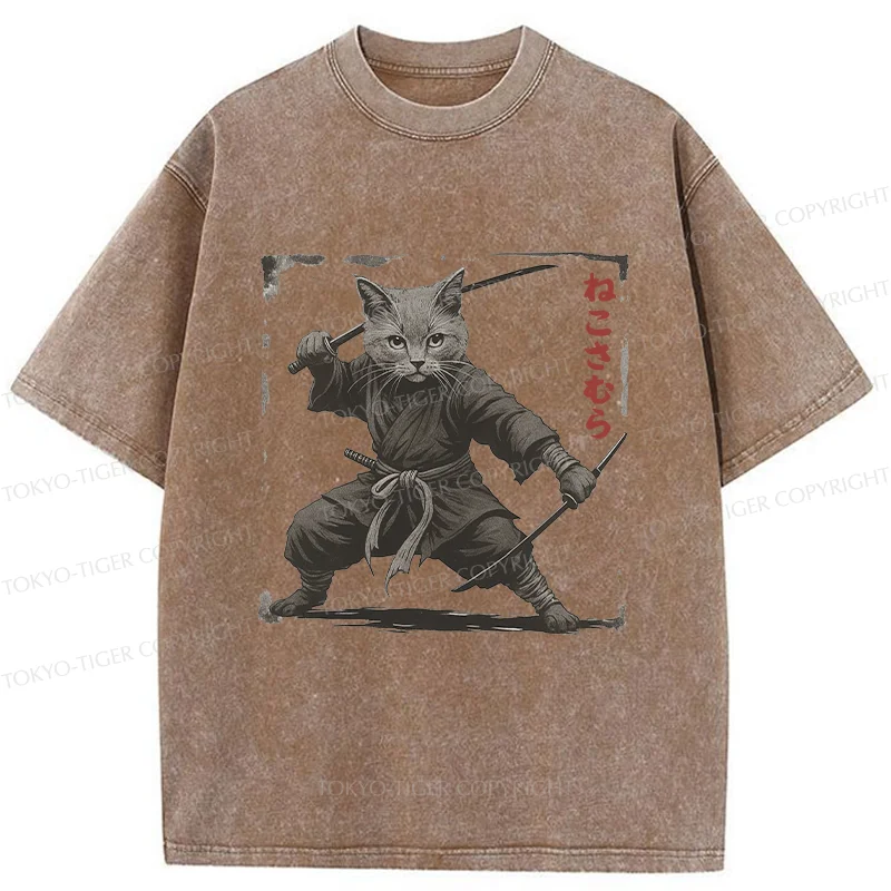 Tokyo-Tiger Handsome Cat Samurai Washed T-Shirt