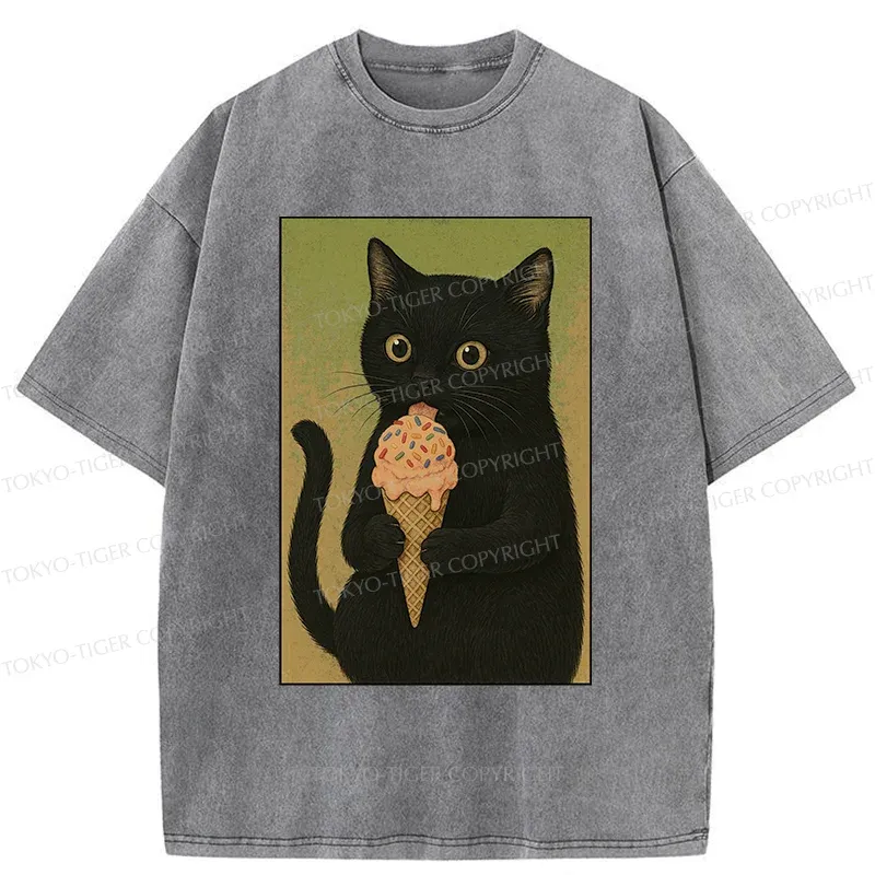 Tokyo-Tiger Kitten Rating Ice Cream Washed T-Shirt