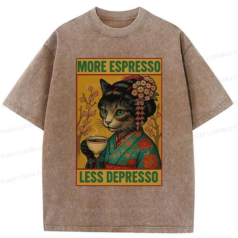 Tokyo-Tiger Geisha Cat Drinking Coffee Washed T-Shirt