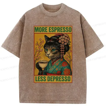 Tokyo-Tiger Geisha Cat Drinking Coffee Washed T-Shirt