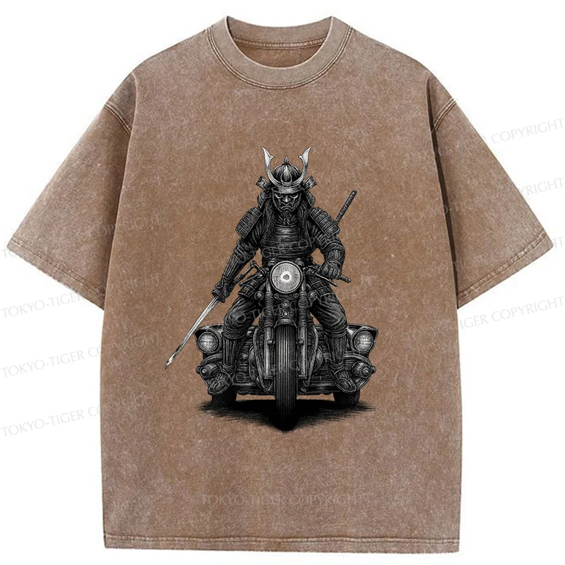 Tokyo-Tiger Samurai Riding A Motorcycle Washed T-Shirt