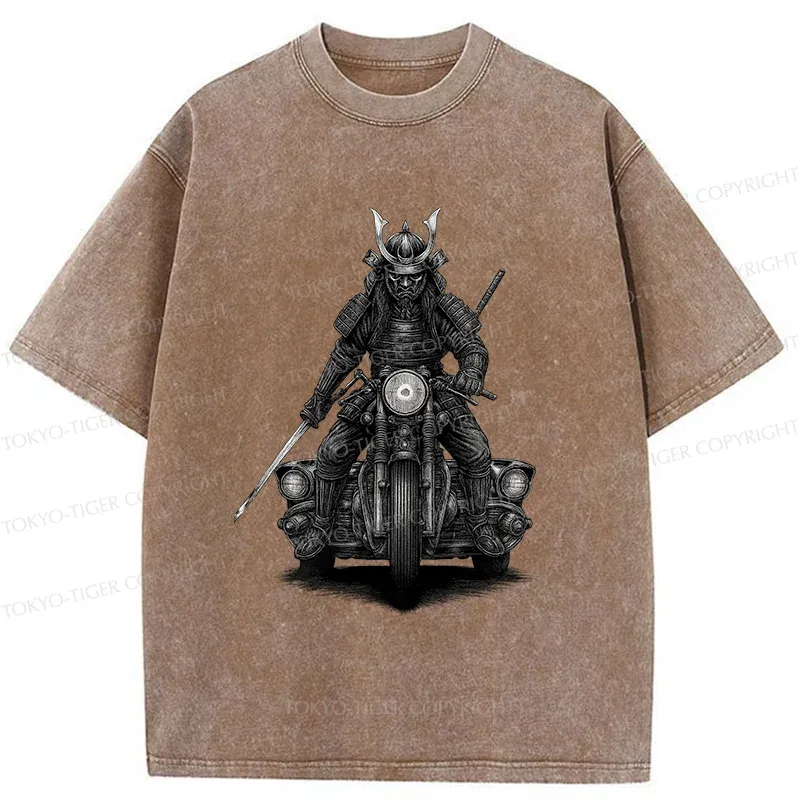 Tokyo-Tiger Samurai Riding A Motorcycle Washed T-Shirt